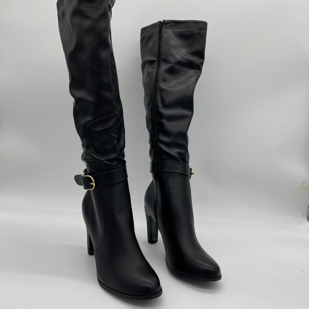 Black Chunky Heel Over-the-Knee Boot With Buckle
